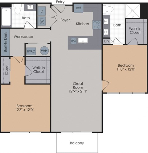 Floor plan for 2 beds, 2 baths, 1193 sqft